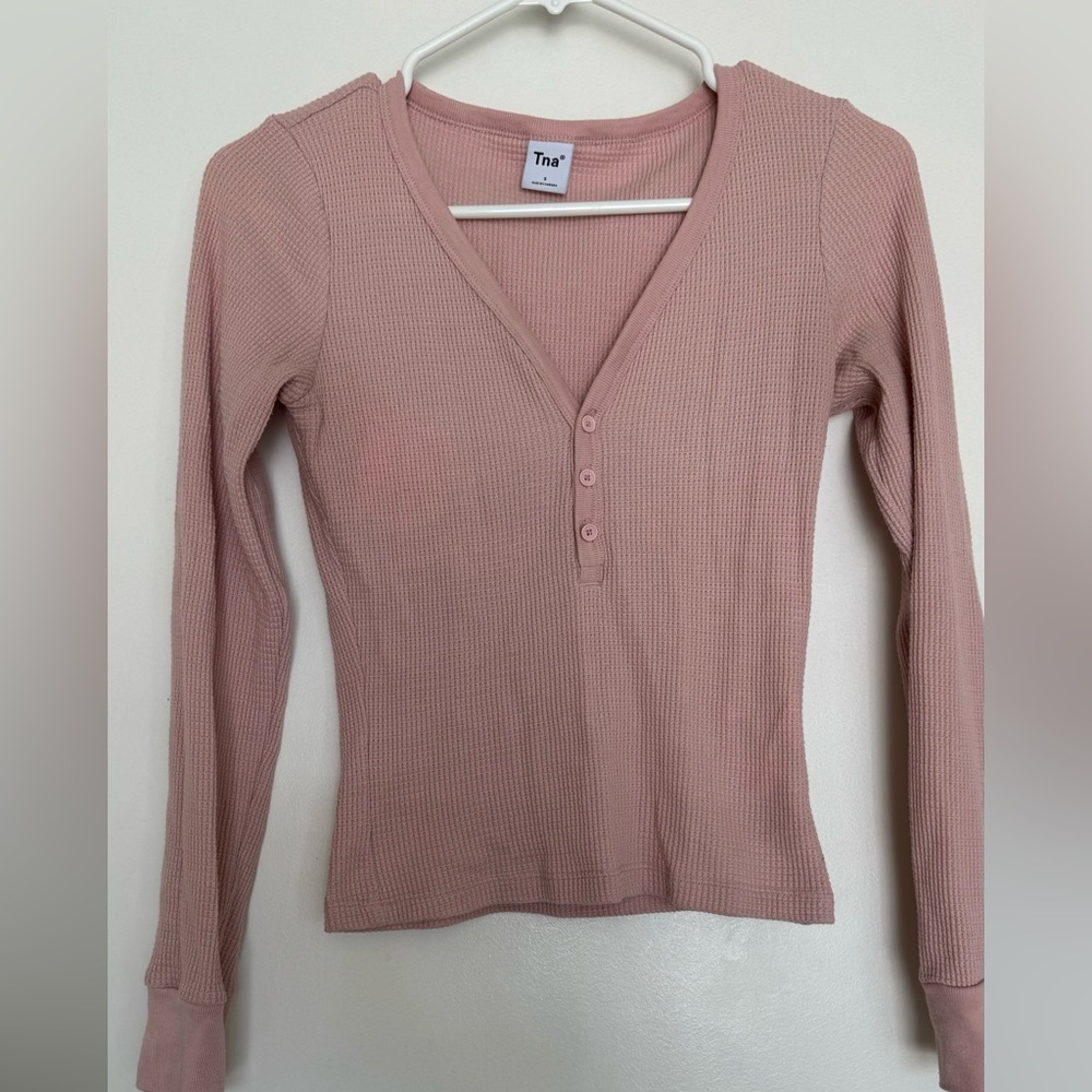 Pink TNA Waffle Henley Long Sleeve Shirt